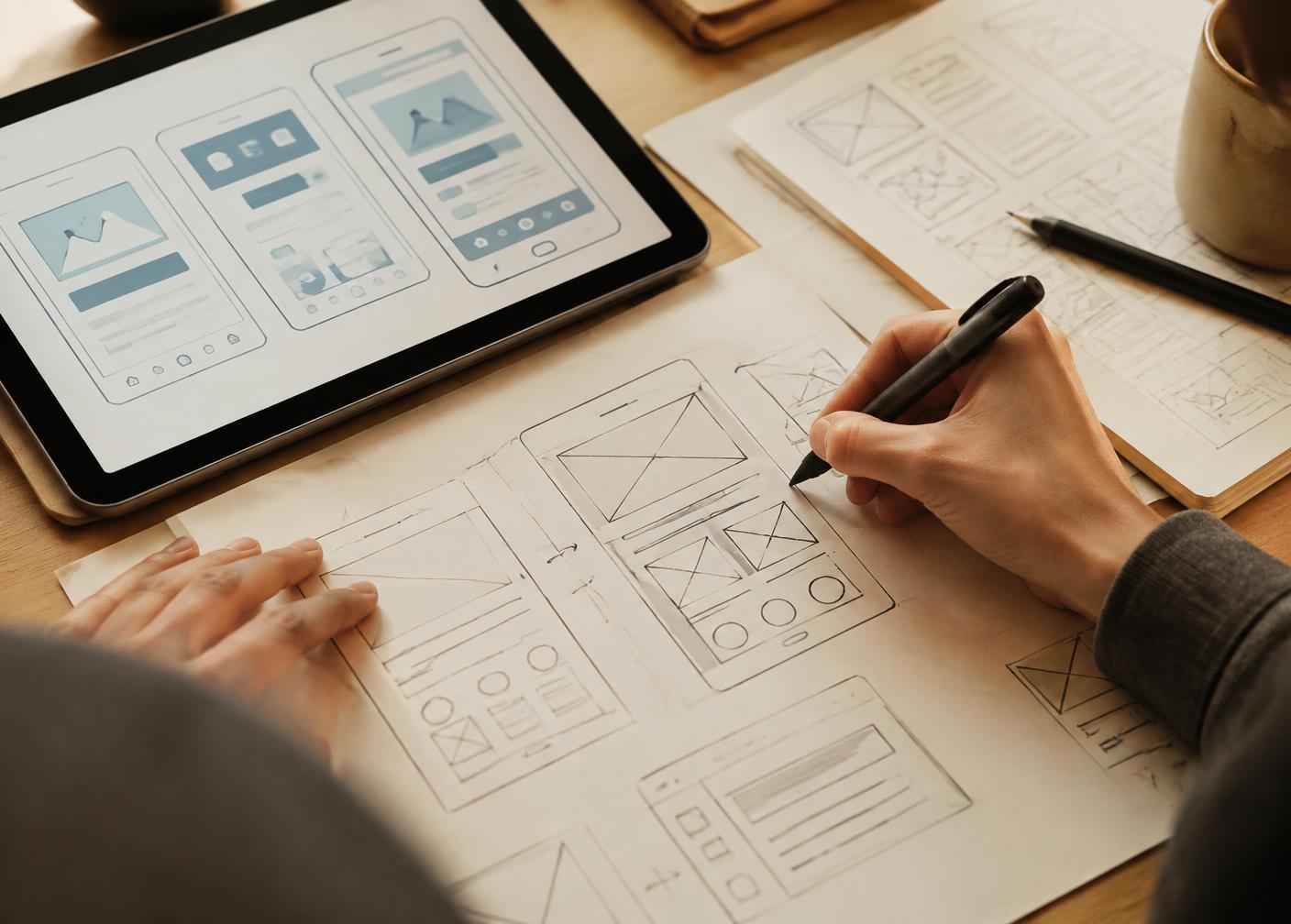 Designer sketching mobile wireframes on paper beside a tablet showing interface layouts