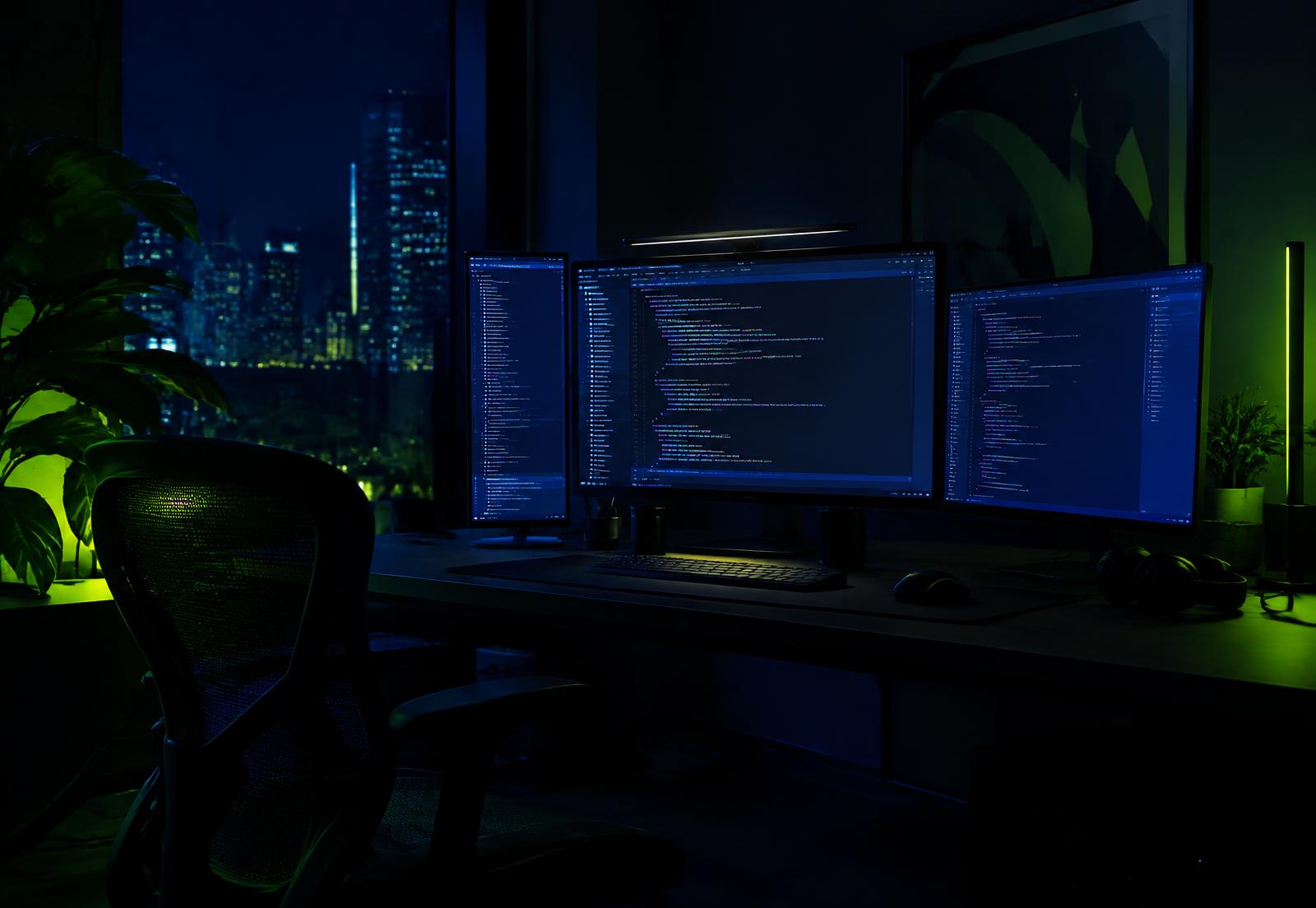 Dark software engineering workspace with three monitors showing code at night